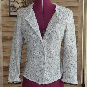 NWT Loft O Black/White Tweed Collarless Blazer Raw Edges Snap Front